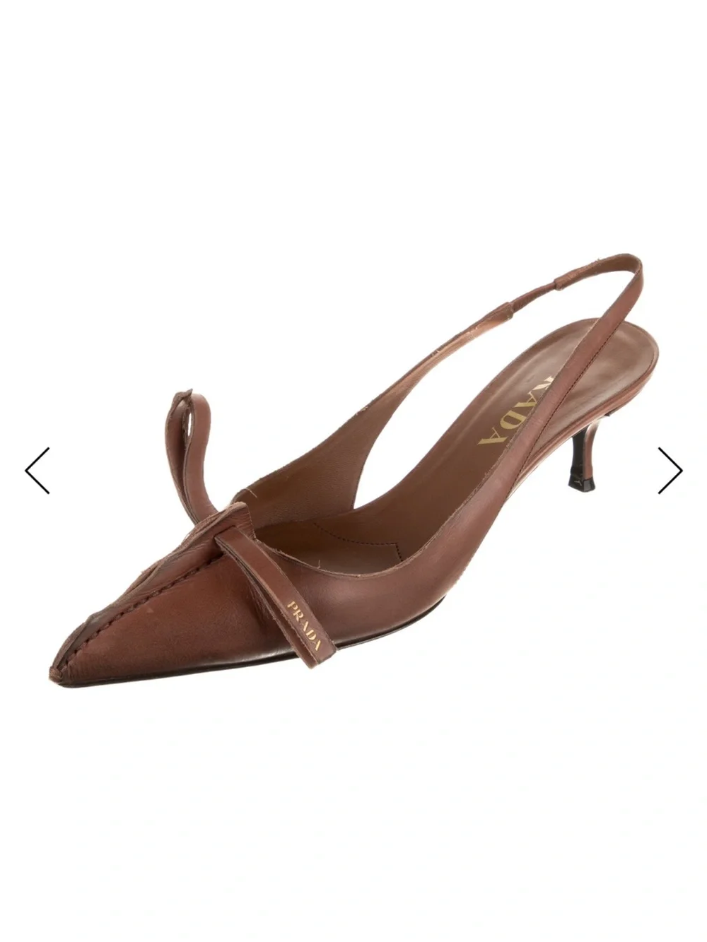 Prada Brown Leather Pointed Slingback Kitten Heel with Front Strap